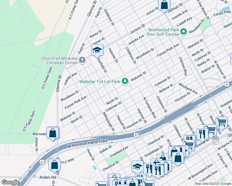 map of restaurants, bars, coffee shops, grocery stores, and more near 1211 North Garfield Street in San Angelo
