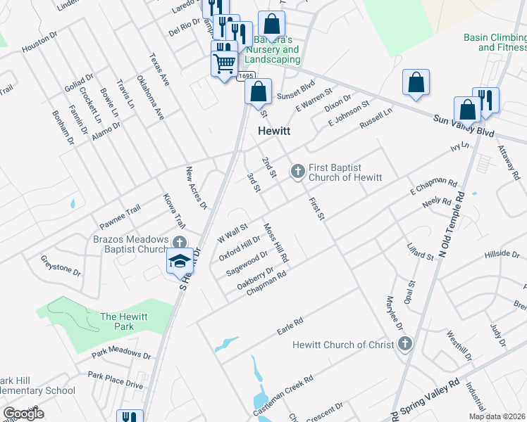 map of restaurants, bars, coffee shops, grocery stores, and more near 340 West Wall Street in Hewitt