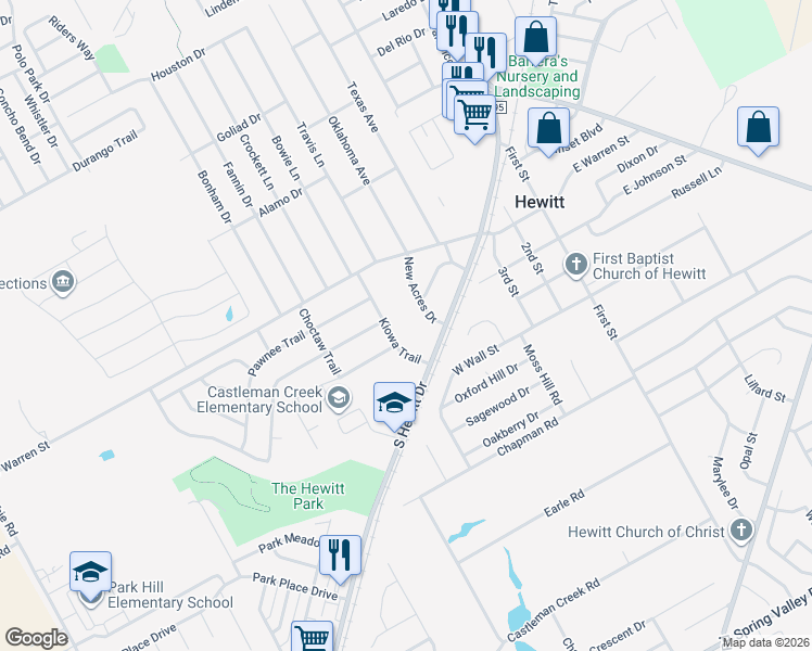 map of restaurants, bars, coffee shops, grocery stores, and more near 212 Kiowa Trail in Hewitt
