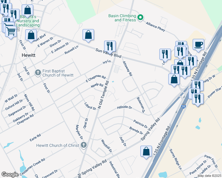 map of restaurants, bars, coffee shops, grocery stores, and more near 100 El Dorado Drive in Hewitt
