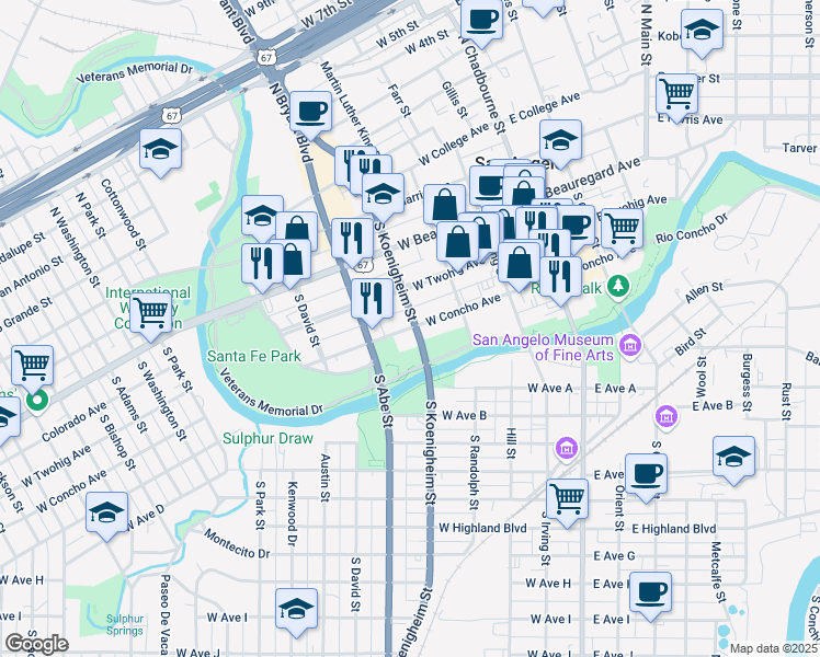 map of restaurants, bars, coffee shops, grocery stores, and more near 305 West Concho Avenue in San Angelo