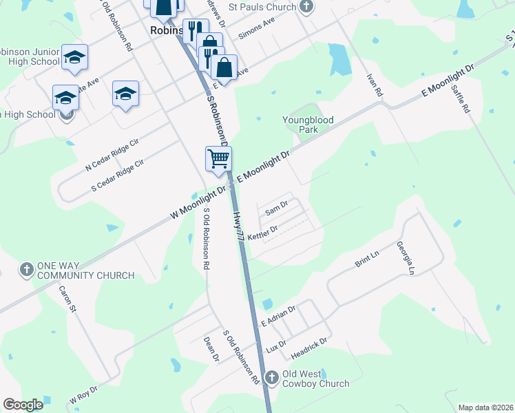map of restaurants, bars, coffee shops, grocery stores, and more near 1000 South Robinson Drive in Robinson