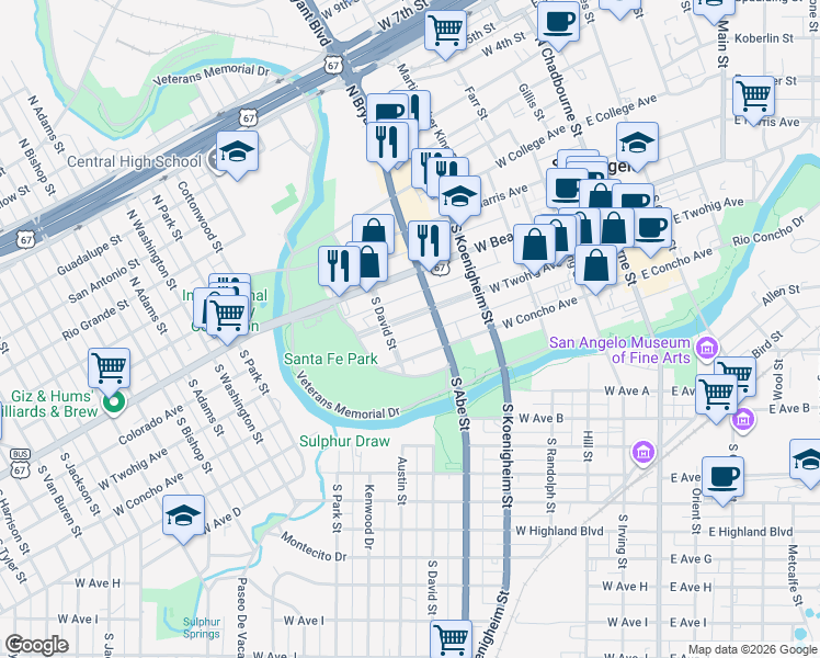 map of restaurants, bars, coffee shops, grocery stores, and more near 220 South David Street in San Angelo