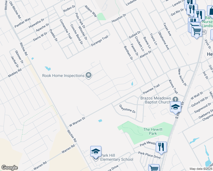 map of restaurants, bars, coffee shops, grocery stores, and more near 10117 Wildberry Lane in Waco