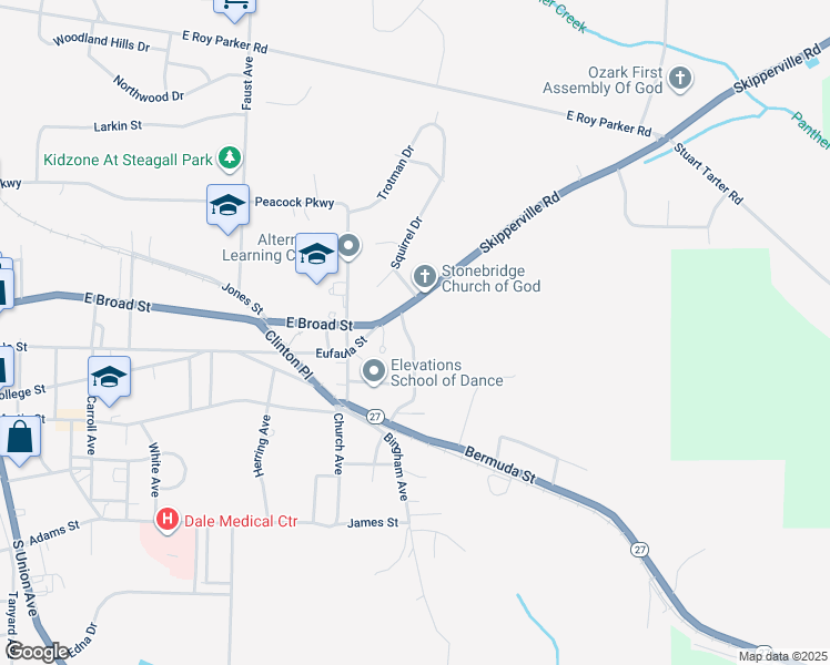 map of restaurants, bars, coffee shops, grocery stores, and more near 167 Miranda Street in Ozark