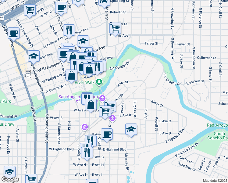 map of restaurants, bars, coffee shops, grocery stores, and more near 123 Allen Street in San Angelo