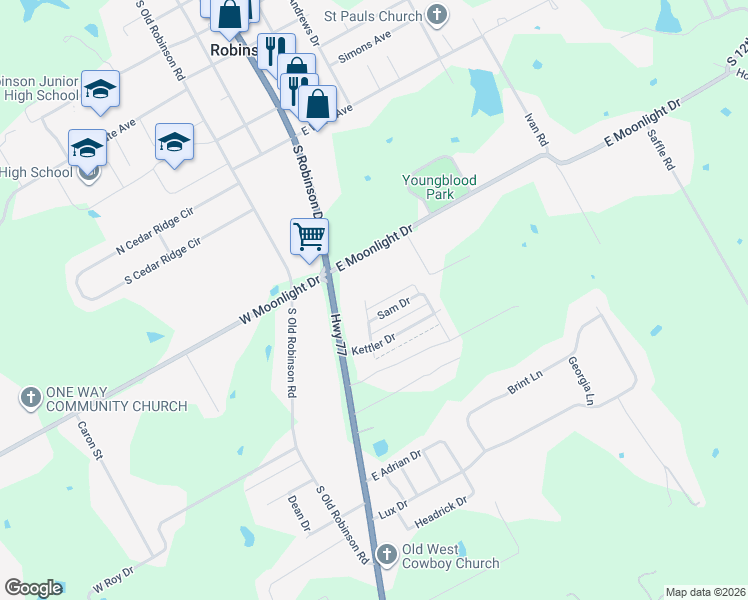 map of restaurants, bars, coffee shops, grocery stores, and more near 209 Cathy Drive in Robinson