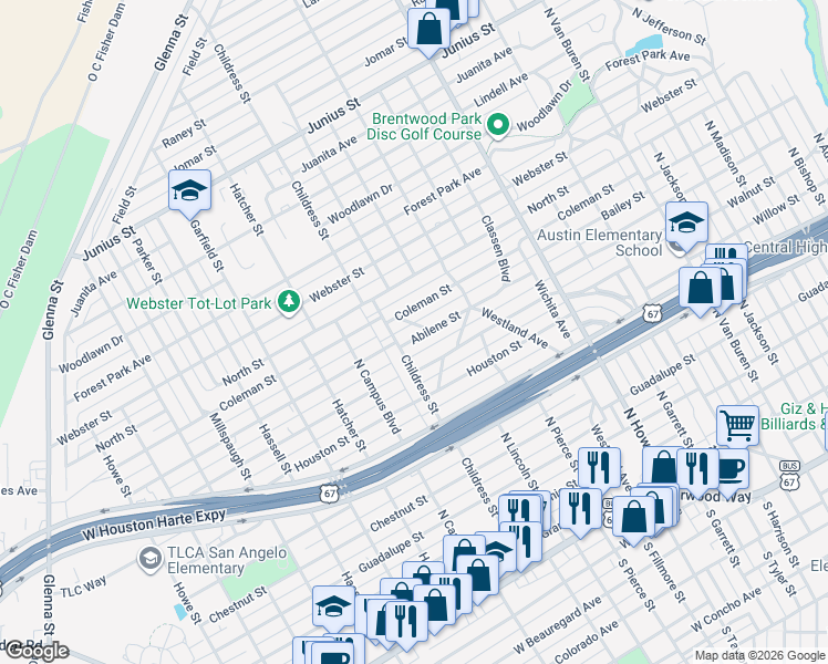 map of restaurants, bars, coffee shops, grocery stores, and more near 2420 Abilene Street in San Angelo