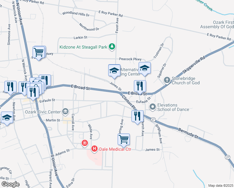 map of restaurants, bars, coffee shops, grocery stores, and more near 761 Eufaula Street in Ozark