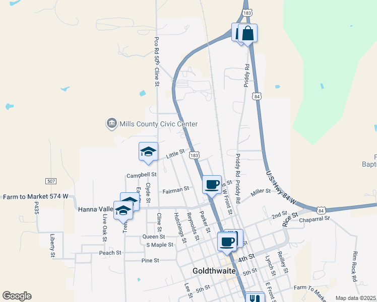 map of restaurants, bars, coffee shops, grocery stores, and more near 1703 Fisher Street in Goldthwaite