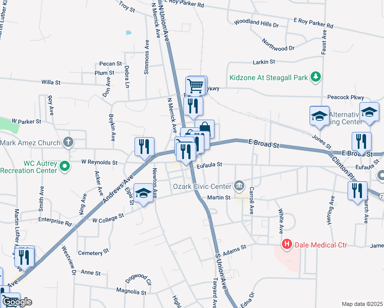 map of restaurants, bars, coffee shops, grocery stores, and more near 416 South Union Avenue in Ozark