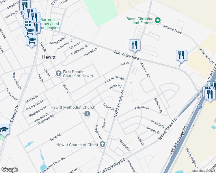 map of restaurants, bars, coffee shops, grocery stores, and more near 228 Neely Road in Hewitt