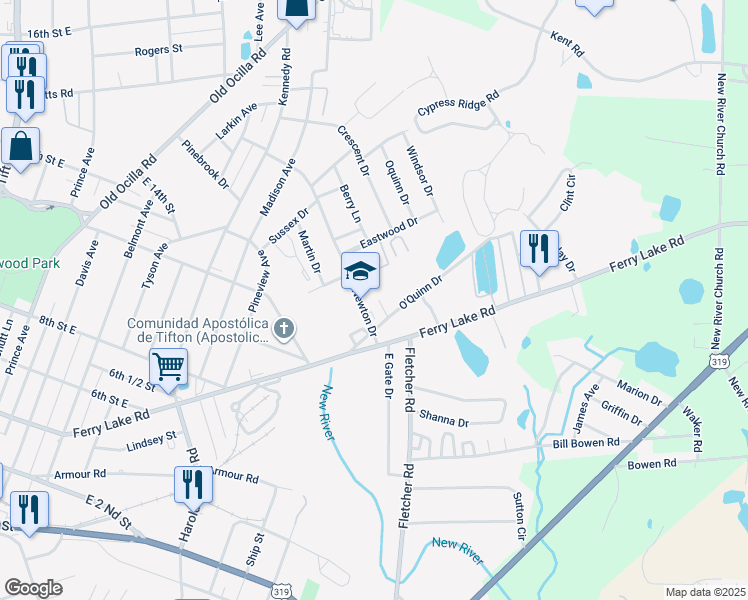 map of restaurants, bars, coffee shops, grocery stores, and more near 1324 Newton Drive in Tifton