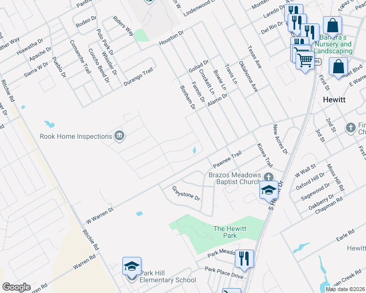 map of restaurants, bars, coffee shops, grocery stores, and more near 10001 Wildberry Lane in Waco