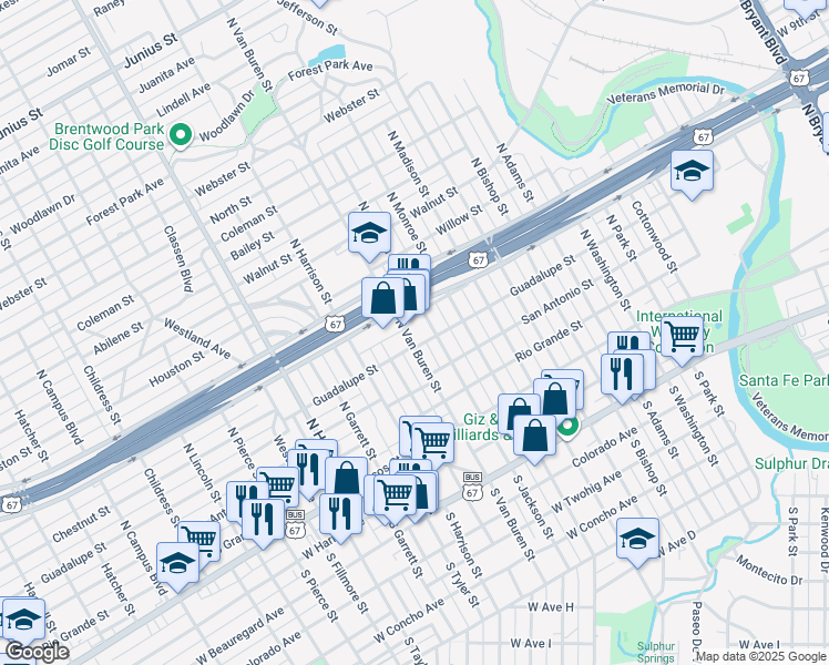 map of restaurants, bars, coffee shops, grocery stores, and more near 1809 Freeland Avenue in San Angelo