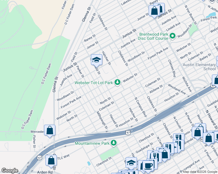 map of restaurants, bars, coffee shops, grocery stores, and more near 2735 Forest Park Avenue in San Angelo