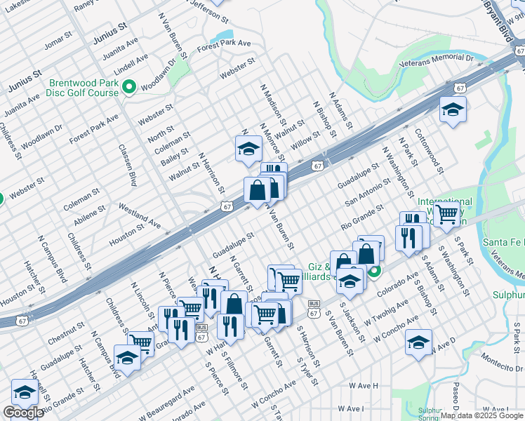 map of restaurants, bars, coffee shops, grocery stores, and more near 1809 Freeland Avenue in San Angelo