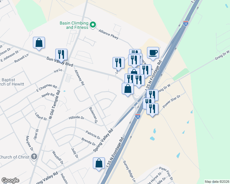 map of restaurants, bars, coffee shops, grocery stores, and more near 724 Sun Valley Blvd in Hewitt