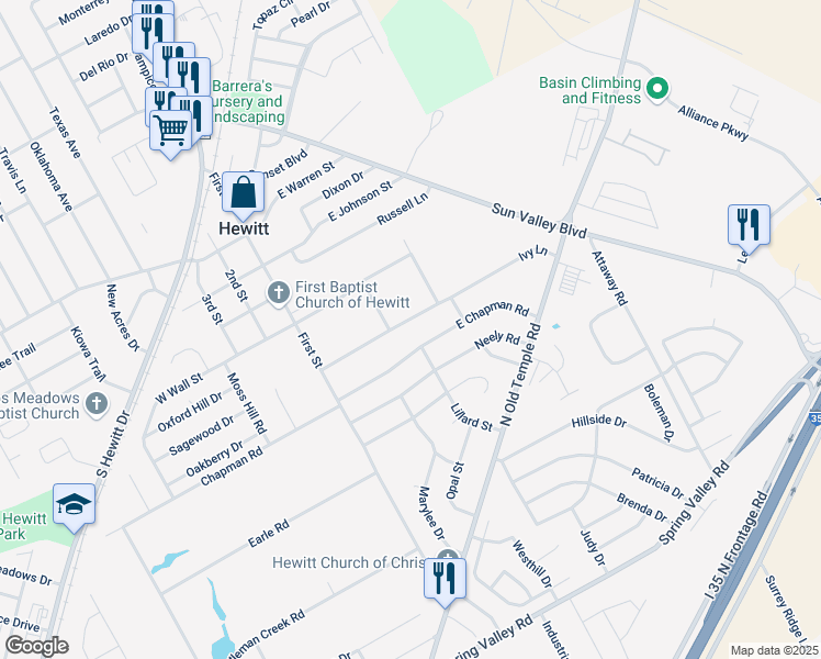 map of restaurants, bars, coffee shops, grocery stores, and more near 208 Ivy Lane in Hewitt