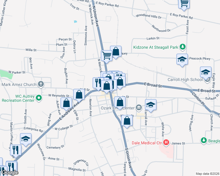 map of restaurants, bars, coffee shops, grocery stores, and more near in Ozark