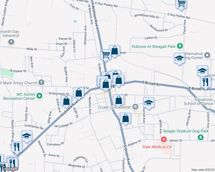 map of restaurants, bars, coffee shops, grocery stores, and more near 353 North Court Square in Ozark