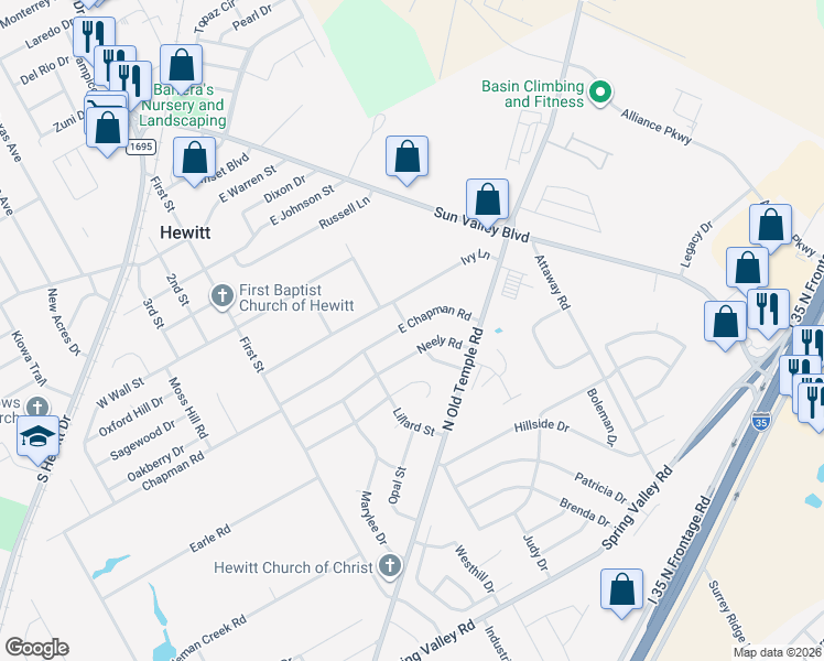 map of restaurants, bars, coffee shops, grocery stores, and more near 301 East Chapman Road in Hewitt