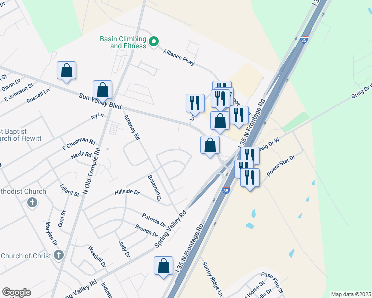 map of restaurants, bars, coffee shops, grocery stores, and more near 713 Pebble Creek Drive in Hewitt