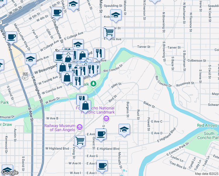 map of restaurants, bars, coffee shops, grocery stores, and more near 140 Allen Street in San Angelo