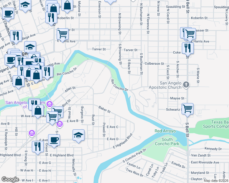 map of restaurants, bars, coffee shops, grocery stores, and more near 609 Rio Concho Drive in San Angelo