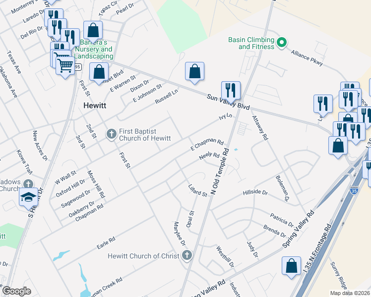 map of restaurants, bars, coffee shops, grocery stores, and more near 225 Ivy Lane in Hewitt