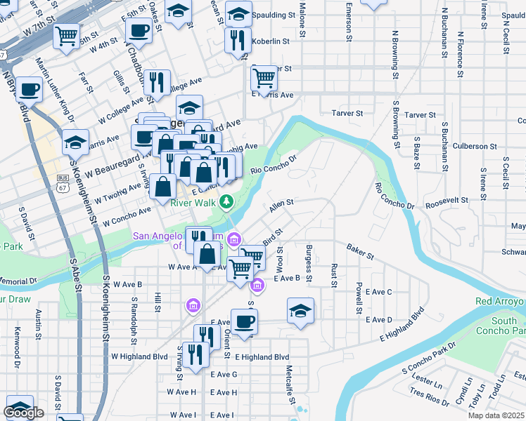 map of restaurants, bars, coffee shops, grocery stores, and more near 140 Allen Street in San Angelo