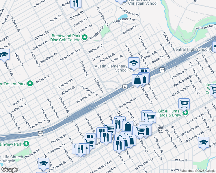map of restaurants, bars, coffee shops, grocery stores, and more near 565-677 Angelo Blvd in San Angelo