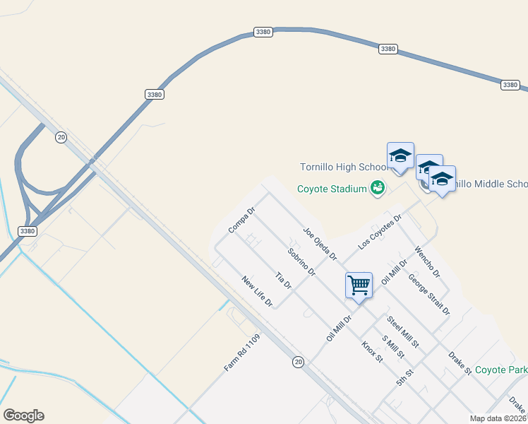 map of restaurants, bars, coffee shops, grocery stores, and more near 191 Compa Drive in Tornillo