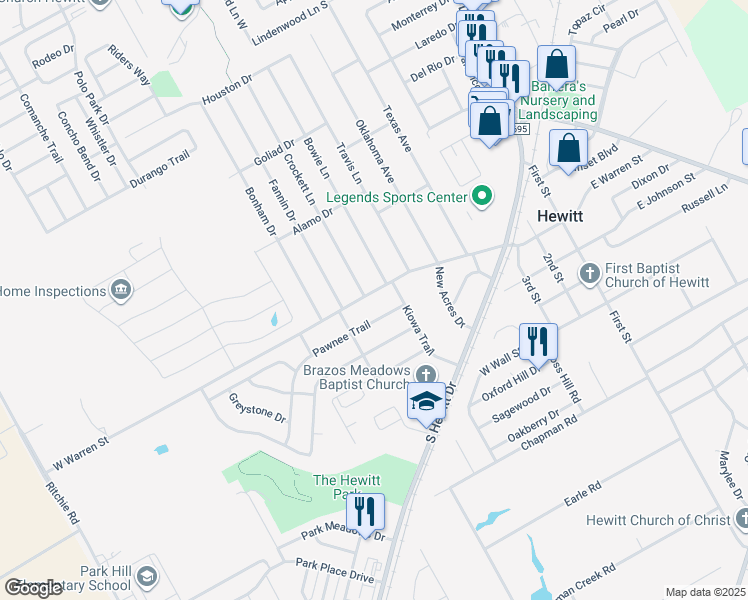 map of restaurants, bars, coffee shops, grocery stores, and more near 101 Crockett Lane in Hewitt