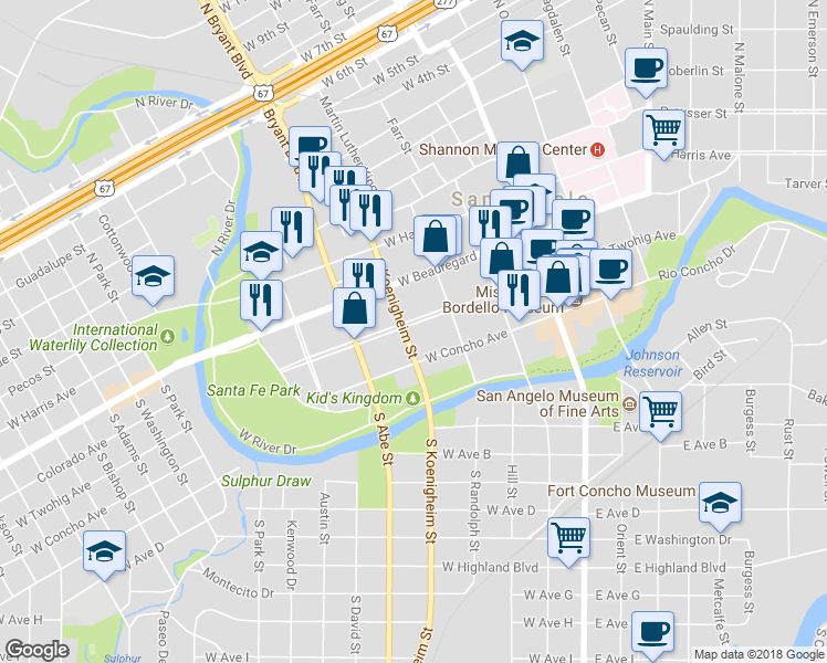 map of restaurants, bars, coffee shops, grocery stores, and more near 233 West Twohig Avenue in San Angelo