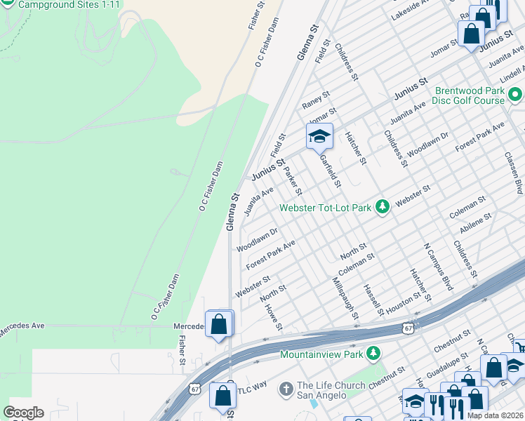 map of restaurants, bars, coffee shops, grocery stores, and more near 3106 Lindell Avenue in San Angelo