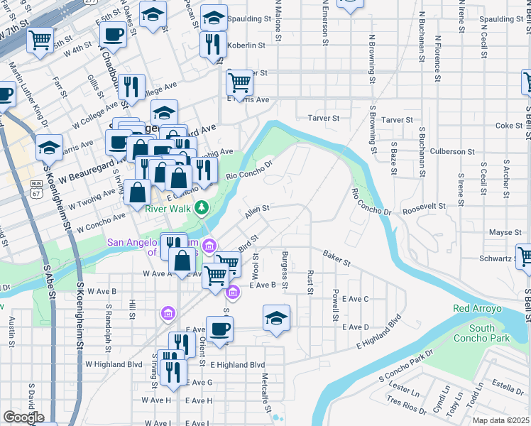 map of restaurants, bars, coffee shops, grocery stores, and more near 303 Allen Street in San Angelo