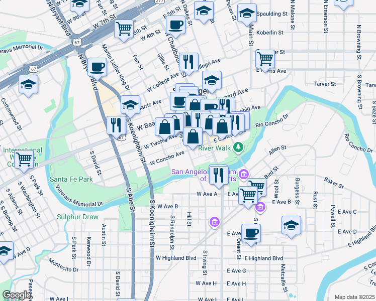 map of restaurants, bars, coffee shops, grocery stores, and more near 100 West Concho Avenue in San Angelo