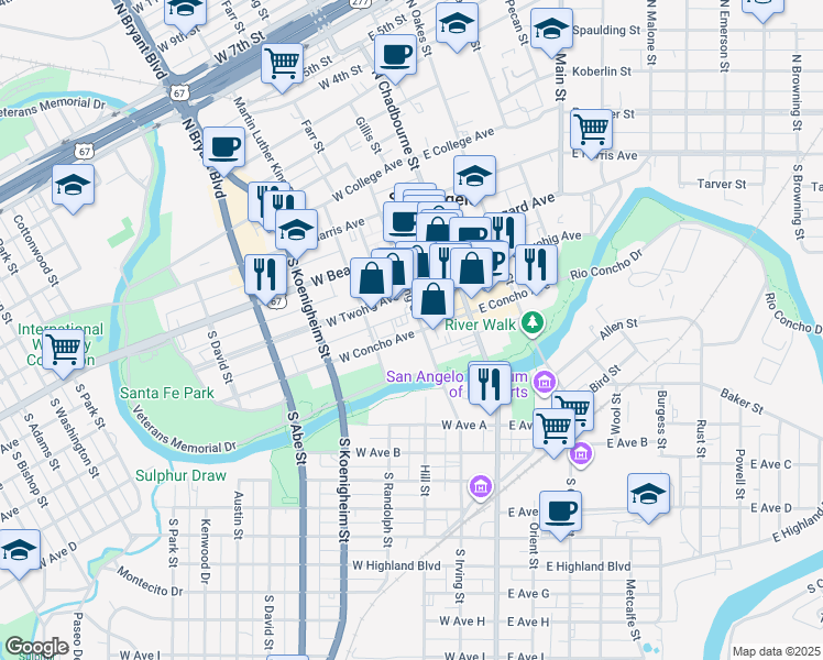map of restaurants, bars, coffee shops, grocery stores, and more near 100-198 W Concho Ave in San Angelo