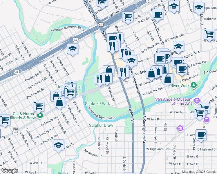 map of restaurants, bars, coffee shops, grocery stores, and more near 123 South David Street in San Angelo