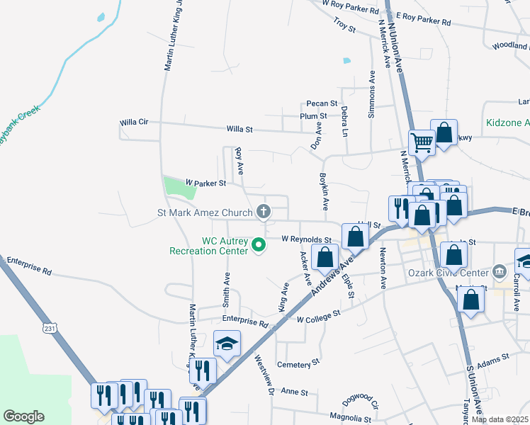 map of restaurants, bars, coffee shops, grocery stores, and more near 601-699 Mildred Street in Ozark