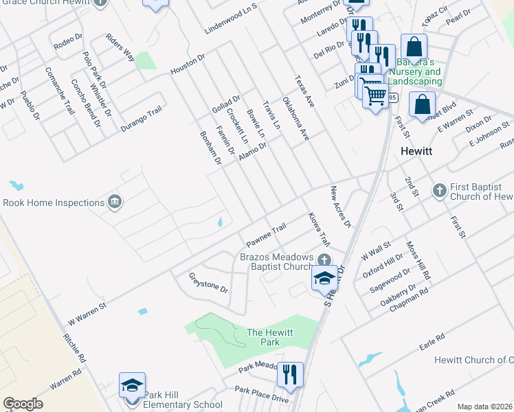 map of restaurants, bars, coffee shops, grocery stores, and more near 109 Fannin Dr in Hewitt