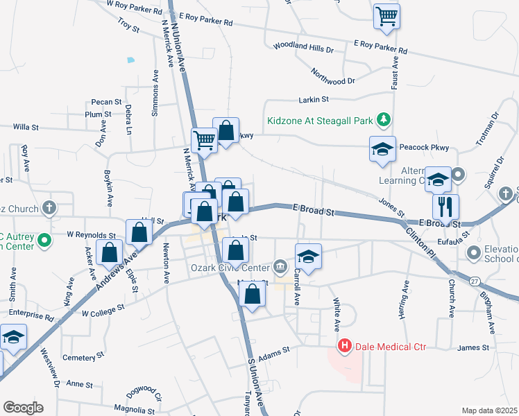 map of restaurants, bars, coffee shops, grocery stores, and more near 409 East Broad Street in Ozark