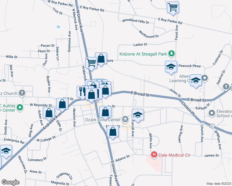 map of restaurants, bars, coffee shops, grocery stores, and more near 409 East Broad Street in Ozark