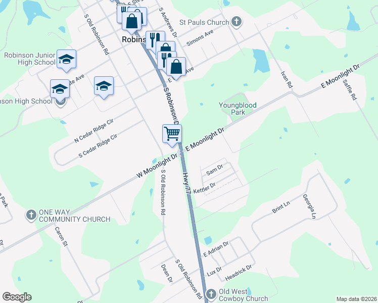 map of restaurants, bars, coffee shops, grocery stores, and more near 101 East Moonlight Drive in Robinson