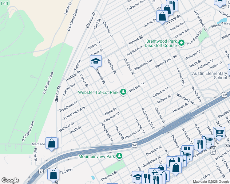 map of restaurants, bars, coffee shops, grocery stores, and more near 2735 Forest Park Avenue in San Angelo