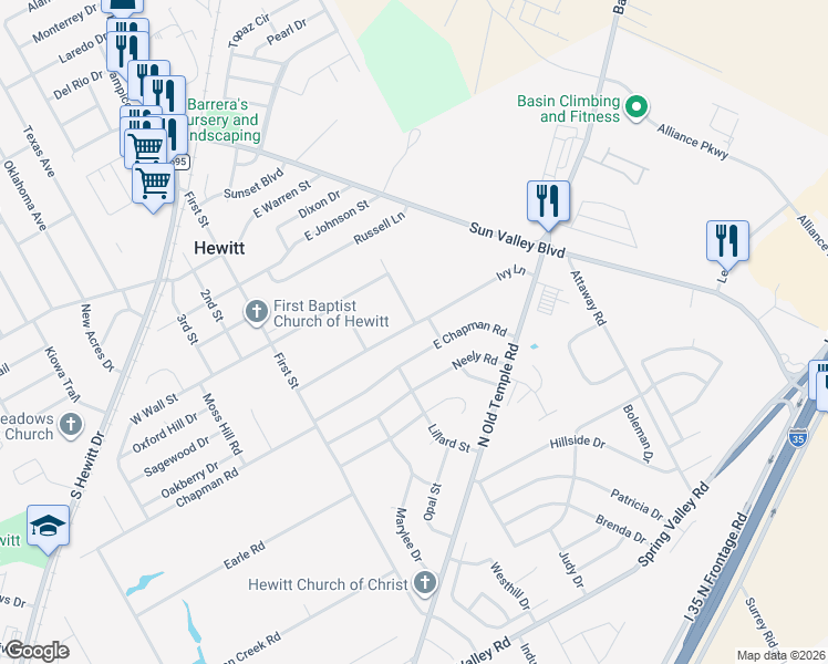 map of restaurants, bars, coffee shops, grocery stores, and more near 225 Ivy Lane in Hewitt