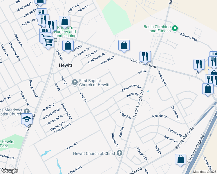 map of restaurants, bars, coffee shops, grocery stores, and more near 208 Ivy Lane in Hewitt
