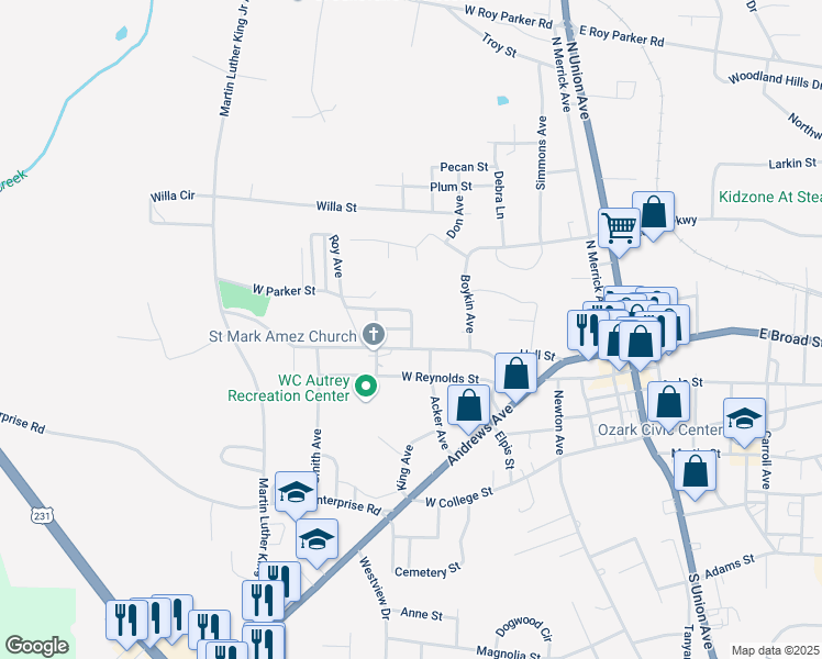 map of restaurants, bars, coffee shops, grocery stores, and more near 601 Mildred Street in Ozark