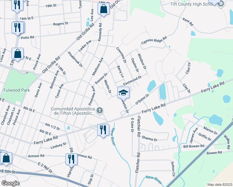 map of restaurants, bars, coffee shops, grocery stores, and more near 1324 Newton Drive in Tifton